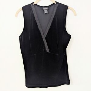 Vintage Y2K 90s Lace Trim Velvet Surplice Tank Top V Neck Black Medium M
